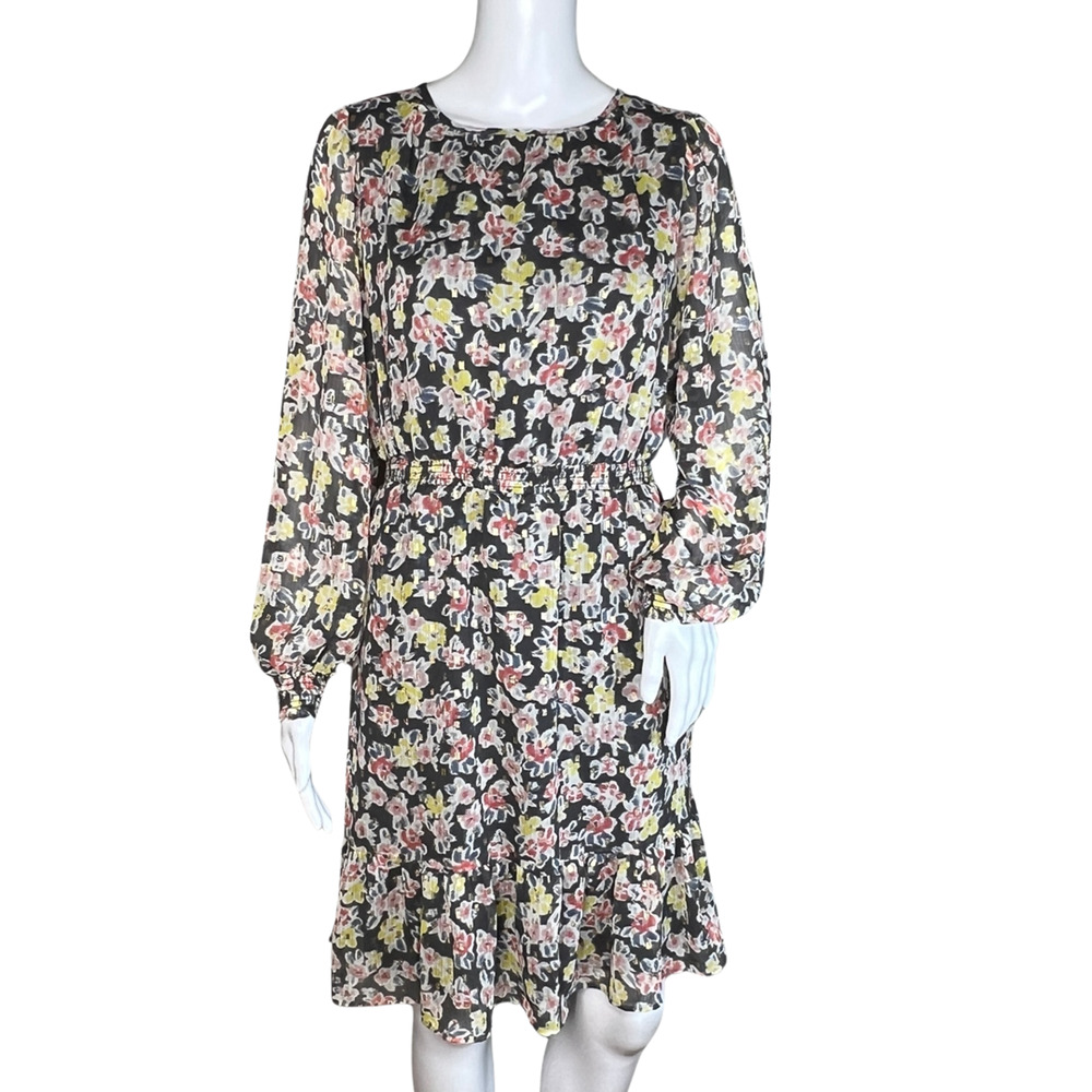Loft Dress Womens Small Black Pink Floral Flower Gold‎ Shimmer Ruffle Feminine